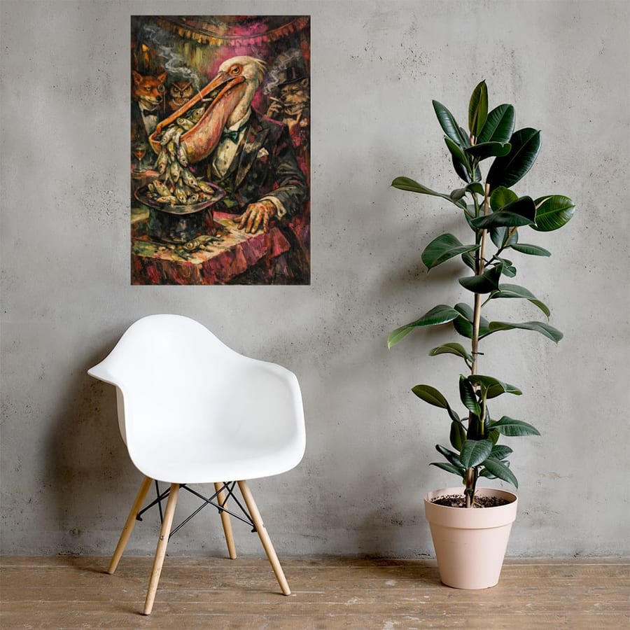 The Pelican Magician printed and photographed on a wall