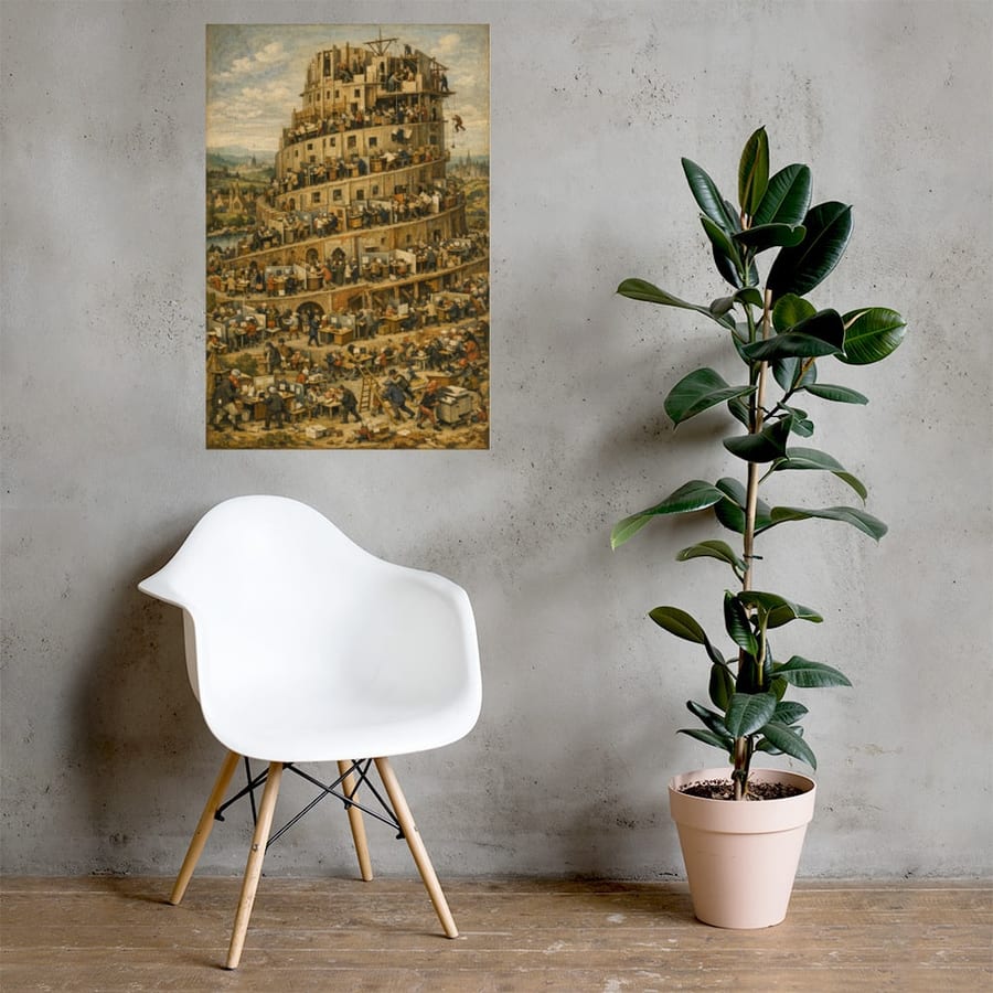 Tower of Reorg printed and photographed on a wall