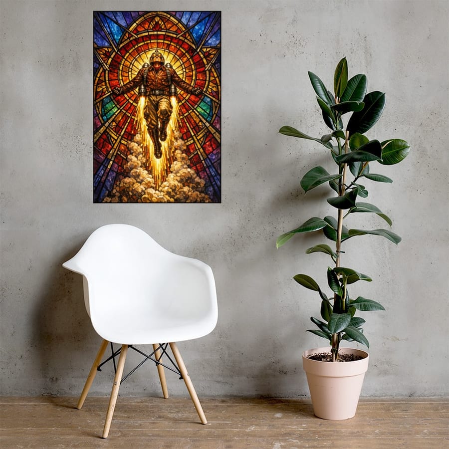 Jetpack Ascension printed and photographed on a wall
