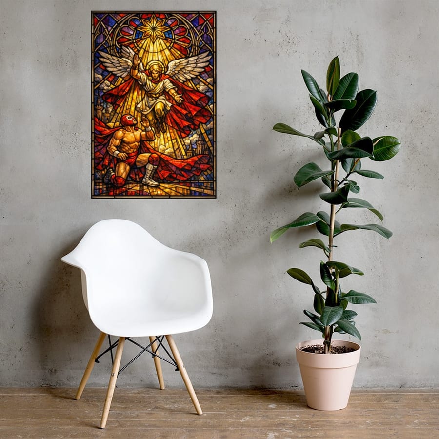 Luchador Annunciation printed and photographed on a wall