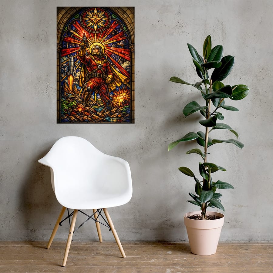 Saint of the Ray Gun printed and photographed on a wall
