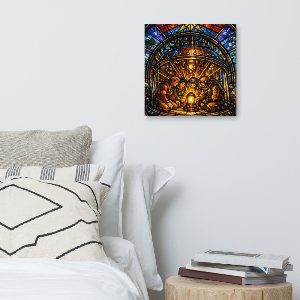 The Diving Bell Nativity printed and photographed on a wall