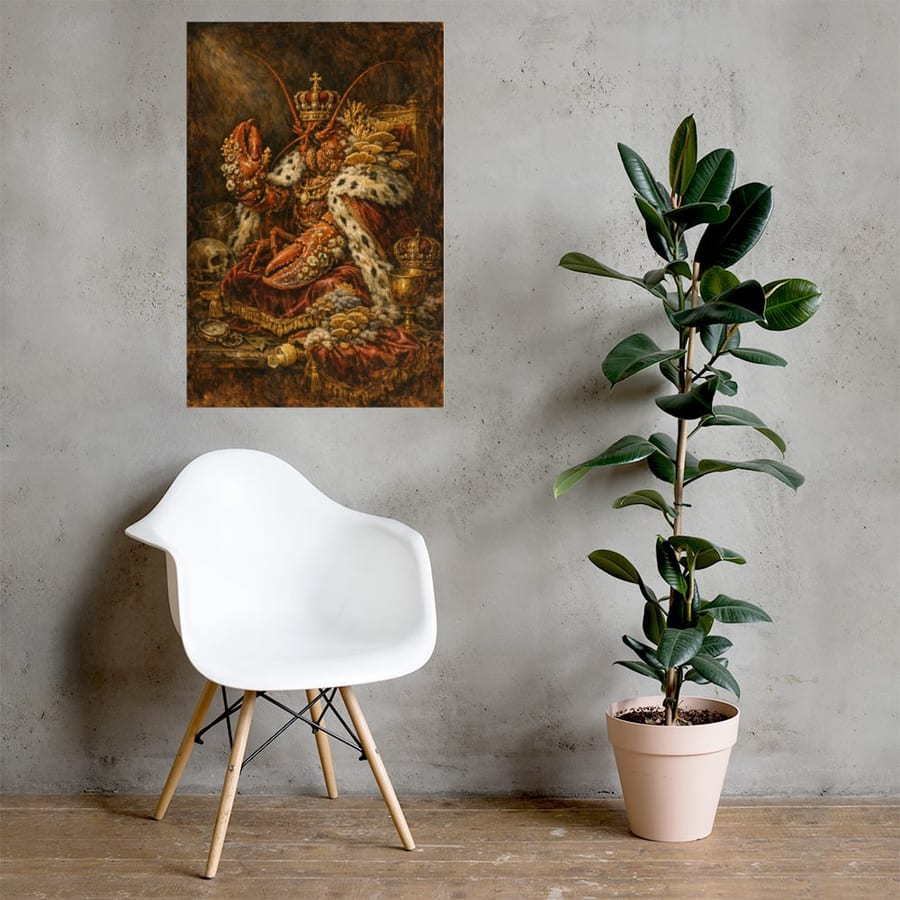 The Lobster Monarch printed and photographed on a wall