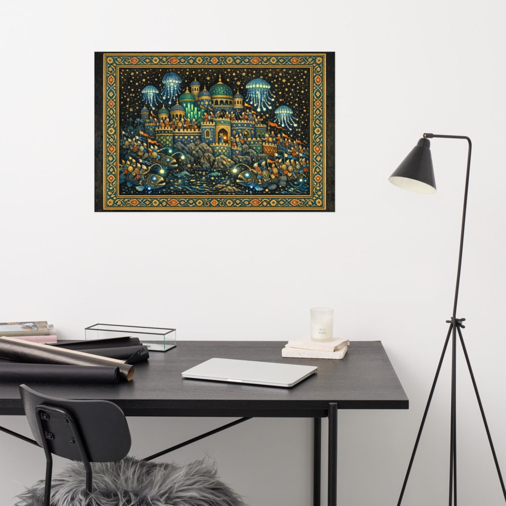 Siege of the Cold Seep printed and photographed on a wall