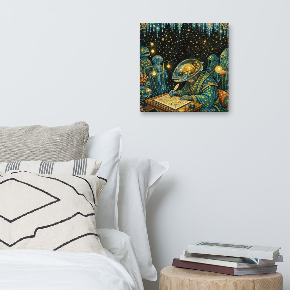 The Barreleye Scribe printed and photographed on a wall