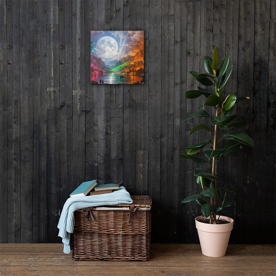Moon Over Plastic Palms printed and photographed on a wall