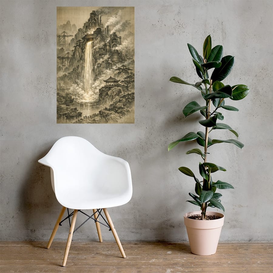 Waterfall of Slag printed and photographed on a wall