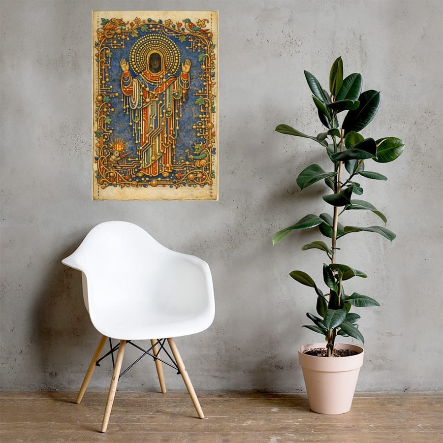 Saint of the Via printed and photographed on a wall